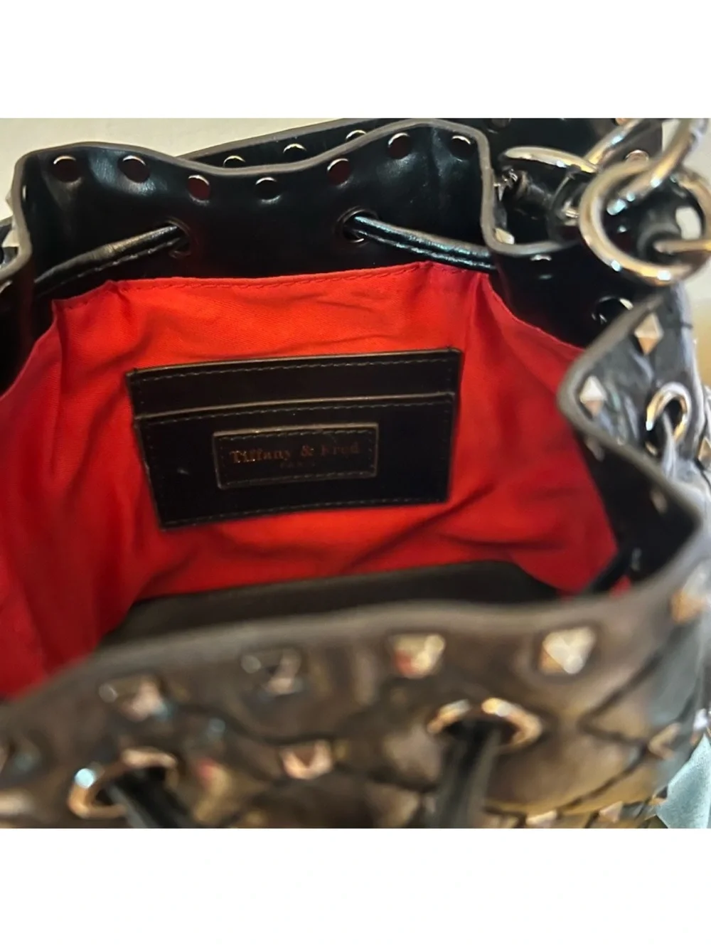 Studded Quilted Drawstring Bucket Bag - Black Genuine leather